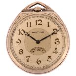 WALTHAM - an American Art Deco 14k gold filled open-face keyless pocket watch, silvered dial with