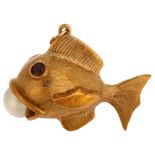 A mid-20th century 9ct gold cultured pearl and garnet figural fish charm/pendant, maker's marks