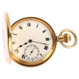 An American gold plated half hunter keyless pocket watch, white enamel dial with Roman numeral