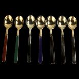ANTON MICHELSEN - a set of 7 Danish vermeil sterling silver and harlequin enamel coffee spoons,
