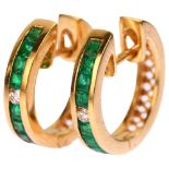 A pair of modern 18ct gold emerald and diamond hoop earrings, maker's marks RUK, London 2004, hoop