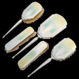 A George VI Art Deco silver and green hombre enamel 5-piece dressing table set, comprising hand