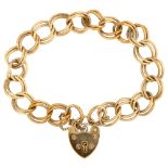 A late 20th century 9ct gold double curb link chain bracelet, with 9ct heart padlock, maker's