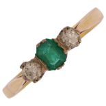 An 18ct gold three stone emerald and diamond ring, set with 0.25ct emerald step-cut emerald and