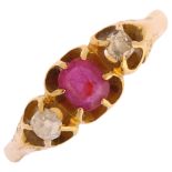 An early 20th century 18ct gold three stone synthetic ruby and diamond gypsy ring, ruby measures: