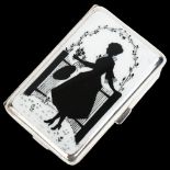 An Art Deco Continental silver plated enamel cheroot case, with hand painted panel depicting