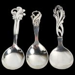 3 Danish stylised silver preserve spoons, with pierced floral handles, largest length 11cm No damage