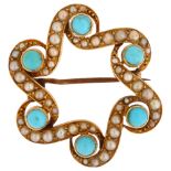 A Victorian turquoise and split pearl brooch, unmarked gold closed-back settings, brooch diameter