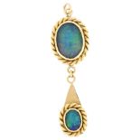 A late 20th century 18ct gold opal triplet drop pendant, with rope twist surround, maker's marks