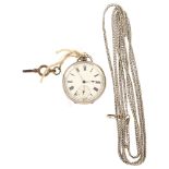 A 19th century silver open-face key-wind fob watch, white enamel dial with Roman numeral hour