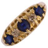 An early 20th century graduated five stone sapphire and diamond half hoop ring, unmarked 18ct gold