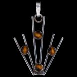 A Swedish modernist silver and tigers eye abstract fan pendant, maker's marks M&O, height 47.4mm,