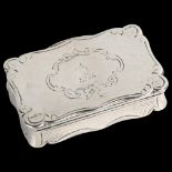 A Victorian silver snuffbox, shaped rectangular form with bright-cut engraved decoration and gilt