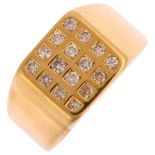 A late 20th century 18ct gold diamond checkerboard signet ring, set with modern round brilliant-