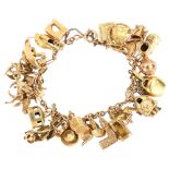 An unmarked rose gold charm bracelet, with various 18ct 14ct 9ct and silver charms, bracelet