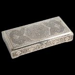A Persian silver cigarette box, allover engraved decoration with gilt interior, stamped with maker's