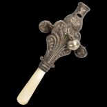 A George V silver and mother-of-pearl baby's rattle, with whistle and teething terminals, Robert