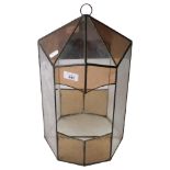 A clear and coloured glass leadlight-framed hanging terrarium, height including loop 48cm Good