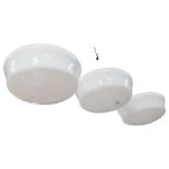 A set of 3 metal ceiling lights with milk glass shades, 28cm across