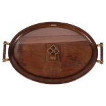 Vintage tea tray with brass and rope twist turned wood handles, with brass plaque inscribed HM