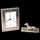 R CARR - a silver-fronted quartz mantel clock, and a silver plated Greyhound design paperweight