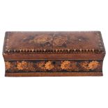 A Victorian Tunbridge Ware glove box, L25cm, floral decoration and triangular border Several areas