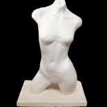 A white painted plaster half sculptural female torso, on rectangular plinth base, W59cm, H88cm