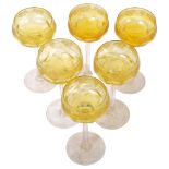 A set of 6 Vintage engraved Hock glasses, with yellow bowls and grapevine decoration, H15cm
