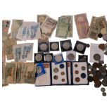 Various commemorative coins, pre-decimal coins, foreign banknotes etc