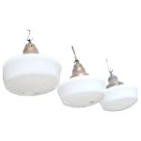 A set of 3 Vintage metal ceiling lights with milk glass shades, 28cm