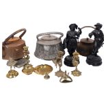 Japanese cast-iron teapots, pair of spelter figures etc (boxful)