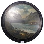 A large circular black marble table top (no base), with a watercolour scene signed J T Parry of