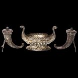 A Scandinavian silver Viking long ship design salt (no liner), L9.5cm, marked 830s, and a pair of