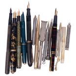 A group of pens, to including a Parker Duofold with 14ct gold nib and marbled body, a De La Rue 14ct