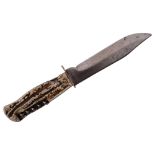 D.B.G.M. GERMANY - a German multi-bladed hunting knife with stage decorated handle, L23cm, no