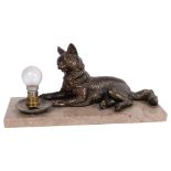 Circa 1930s Continental table lamp surmounted by spelter figure of a cat, L35cm overall