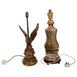 A brass eagle figure table lamp, 52cm, and an Oriental turned onyx table lamp on separate stand