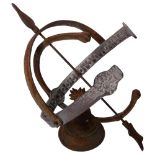 A small weathered armillary sphere, on bell-shaped stand, H31cm