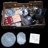 A silver plate on copper chamber stick, teaware, pewter mats etc (boxful)