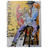 Acrylics on canvas, depicting a musician "Miami Jazz", unframed, 91cm x 61cm
