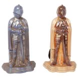 2 enamelled cast-iron knight figure companion set, with fire tools, H37cm