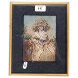 A painted and crewelwork silk embroidered portrait of a lady, dated 1913 on the back, 26cm x 21cm