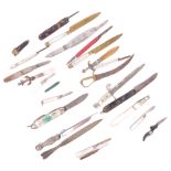 Various penknives, including mother-of-pearl and silver-bladed, sword design letter openers, dirk