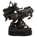 A patinated bronze sculpture depicting a Viking warrior on horseback, mounted on black marble