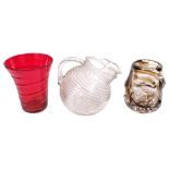 A Whitefriars knobbley streaky vase, 13cm, a red glass vase, and a moulded jug