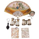 2 pairs of mother-of-pearl opera glasses, a mother-of-pearl card case and purse, a gilt-metal and