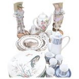 A pair of Vintage Continental figures, Royal Tuscan retro coffee set, decorative plates etc