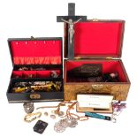 Oriental carved wood box with crucifix, magnifying glass, and a jewel box of costume jewellery etc