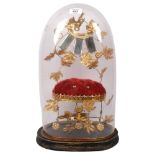 A Victorian glass dome on plinth, H49cm, containing a velvet and gilt-metal stand, mirrors and