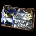 A large quantity of mixed plated cutlery, cased cutlery sets etc (boxful)